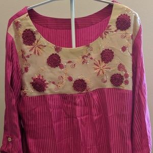 Pakistani Hot Pink Silk Long Kameez Churidar Suit